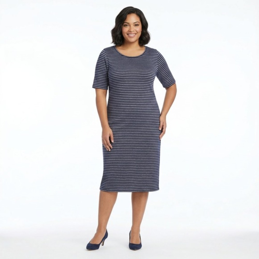 LuLaRoe Women's XL Navy Blue Silver Metallic Striped‎ Dress Pullover Elegant